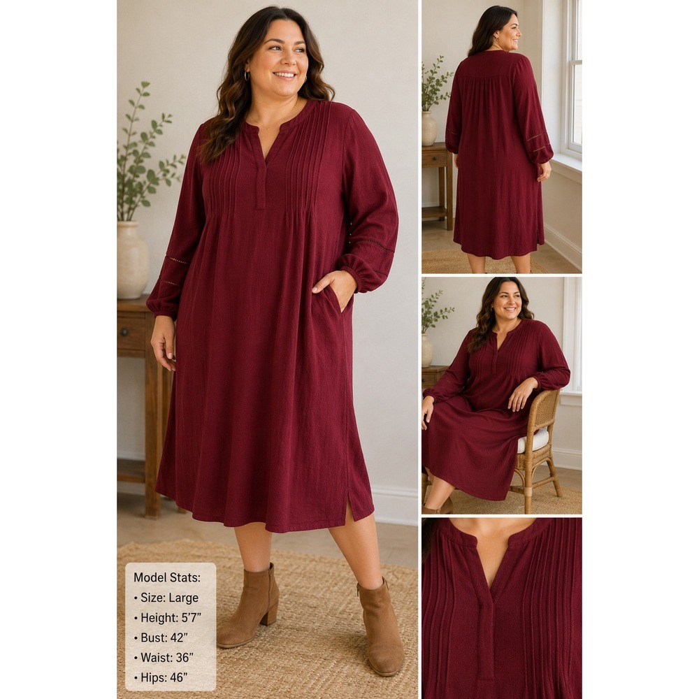 J.Jill Burgundy Pintuck Oversized Midi Dress Long Sleeve Split Neck Large